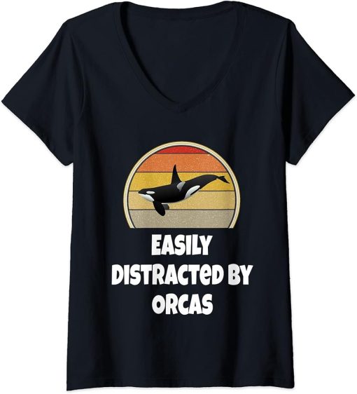 Womens Funny Whale Shirt Ocean Sea Gift Easily Distracted By Orcas V-Neck T-Shirt