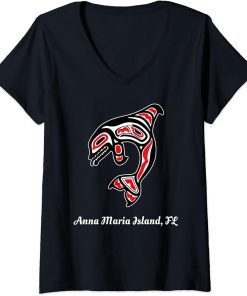 Womens Native American Anna Maria Island FL Red Orca Killer Whale V-Neck T-Shirt