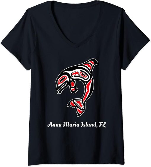 Womens Native American Anna Maria Island FL Red Orca Killer Whale V-Neck T-Shirt