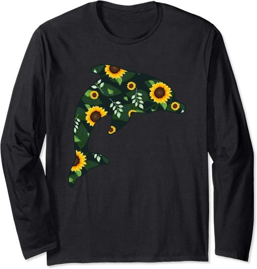 Dolphin Sunflower Girl Floral Beluga Hawaiian Women Gift Long Sleeve T-Shirt