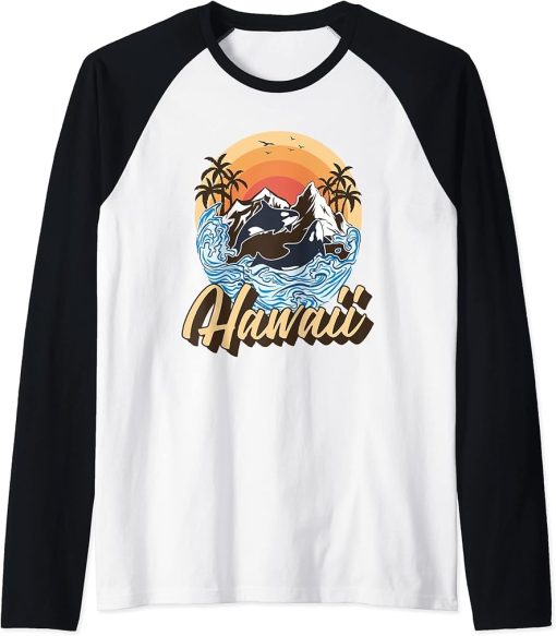 Orca Hawaii Retro Vintage Hawaiian Island Raglan Baseball Tee