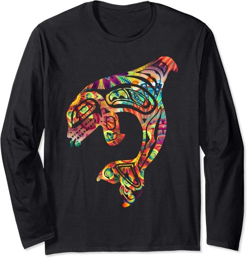 Native American Colorful Orca Killer Whale Pacific Northwest Long Sleeve T-Shirt